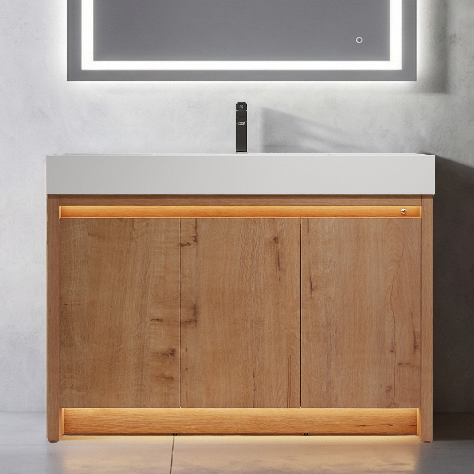Handle-Free Vanity with Dual LED (Front + Toe Kick) | Transitional