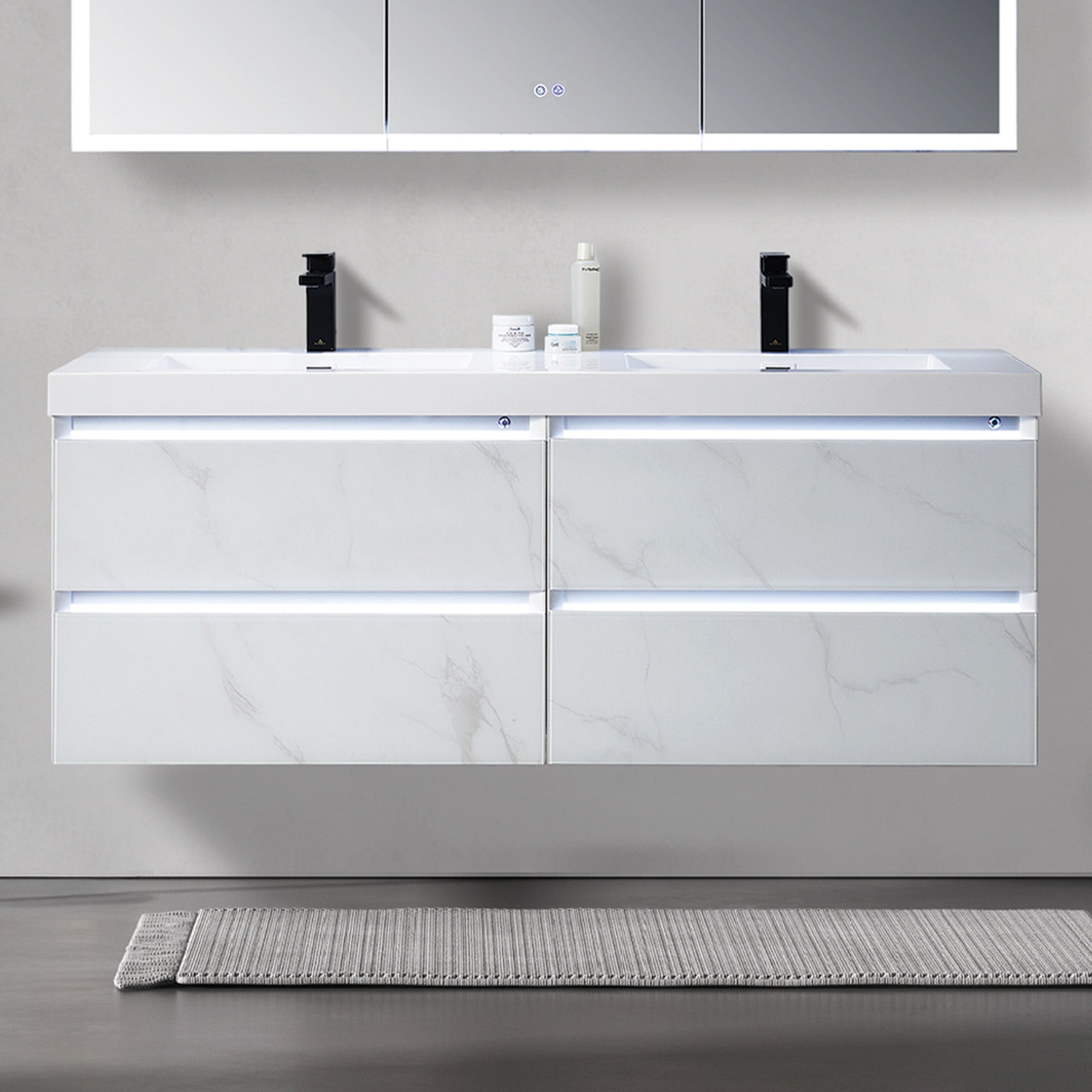 Timeless Bathroom Vanity with Calacatta or Grey Glass Surface, LED