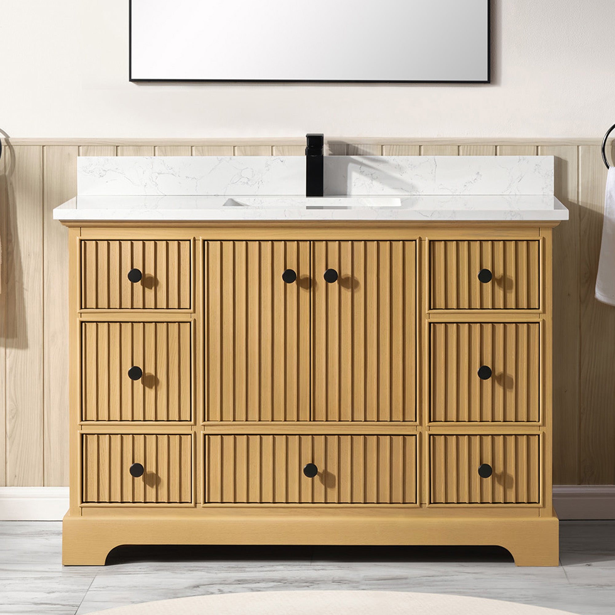 Vertical Slat Natural Wood Veneer Vanity | Artificial Stone or