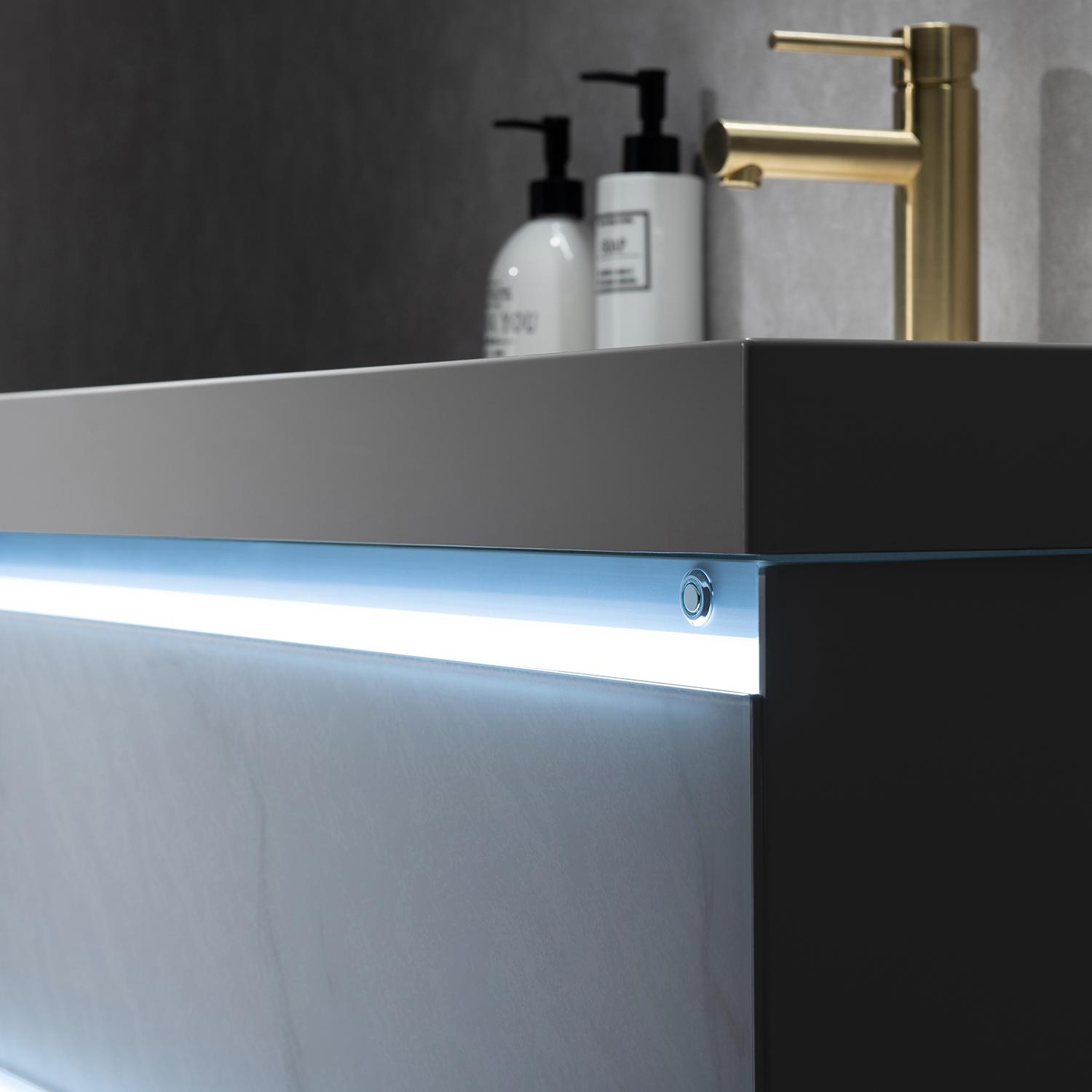 Timeless Bathroom Vanity with Calacatta or Grey Glass Surface, LED
