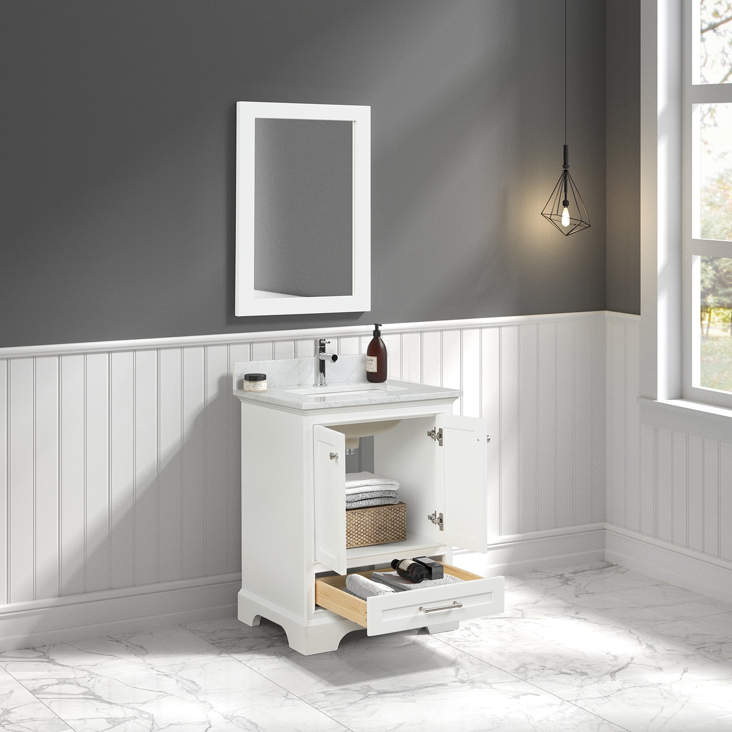 Solid Wood Vanity + Carrara Marble or Artificial Stone Top, Soft