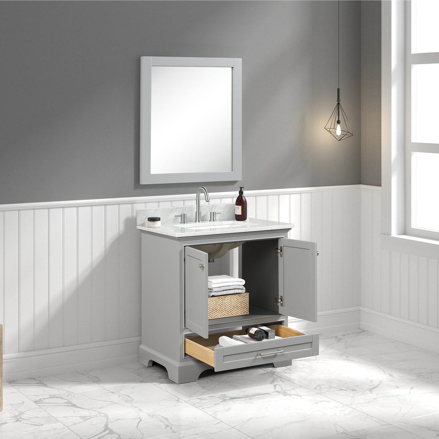 Solid Wood Vanity + Carrara Marble or Artificial Stone Top, Soft