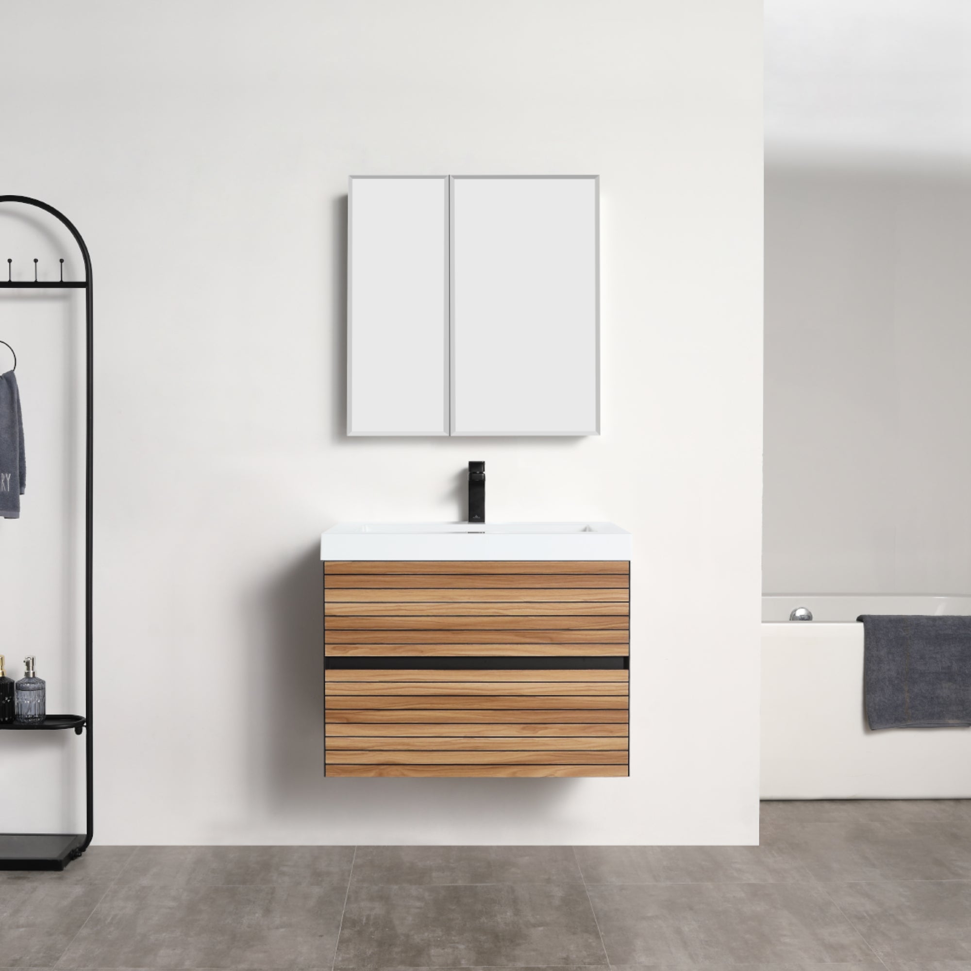 Wall-Hung Vanity with Horizontal Slats | Handle-Free Soft-Close