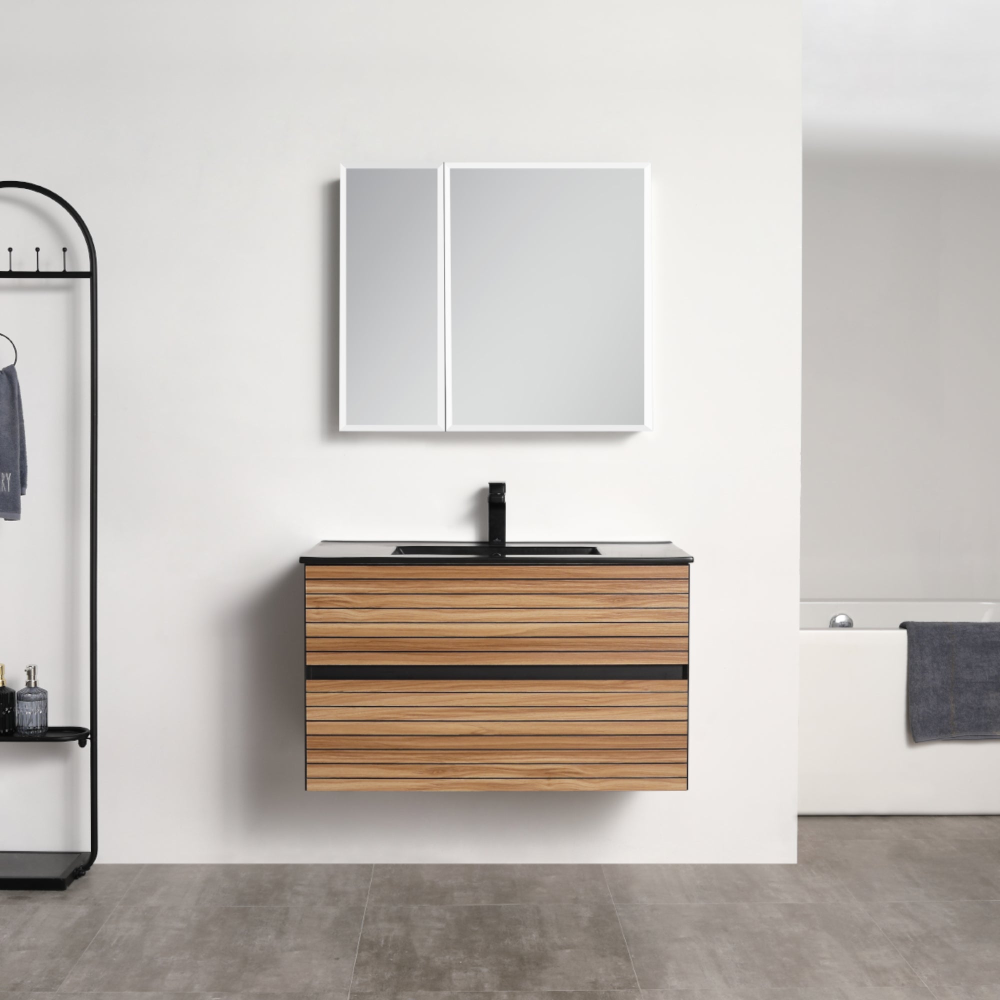 Wall-Hung Vanity with Horizontal Slats | Handle-Free Soft-Close
