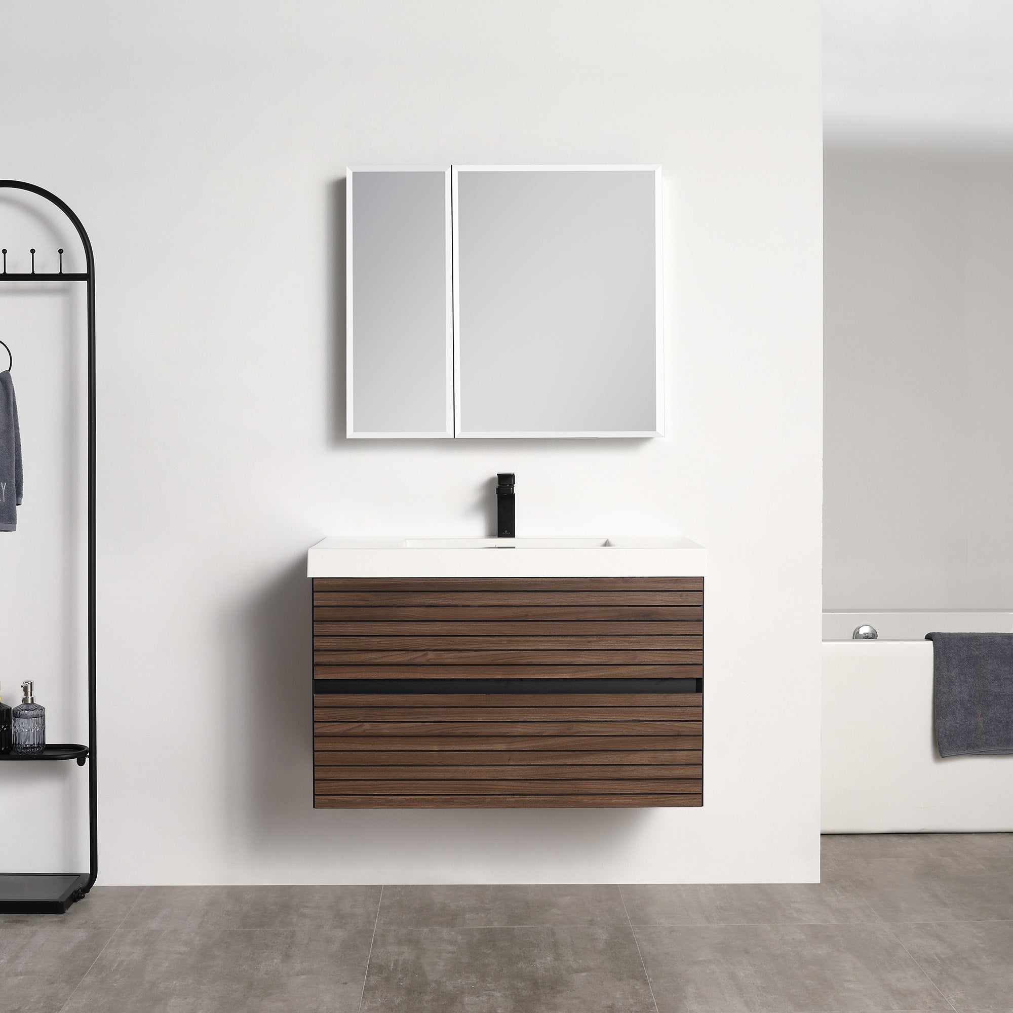 Wall-Hung Vanity with Horizontal Slats | Handle-Free Soft-Close