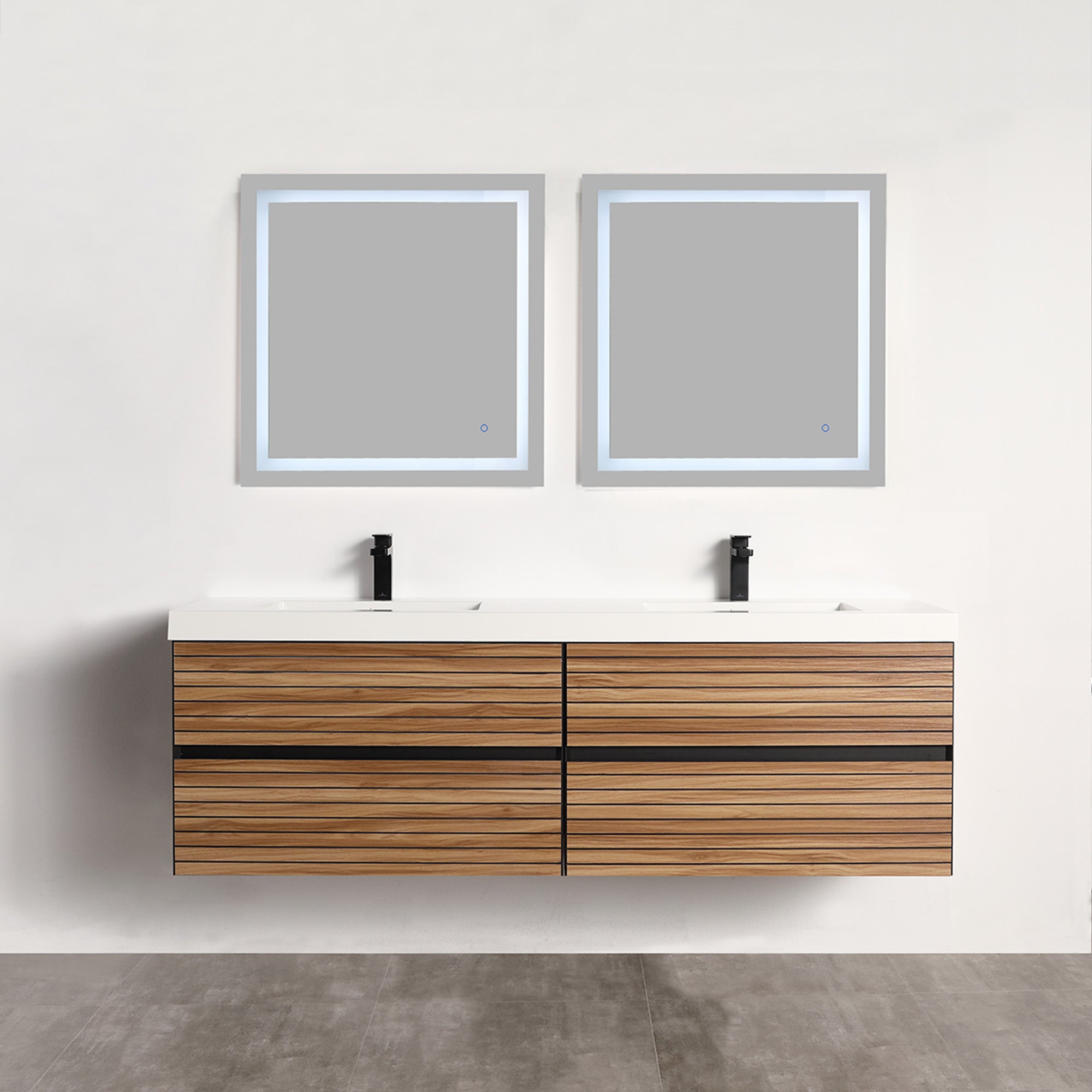 Wall-Hung Vanity with Horizontal Slats | Handle-Free Soft-Close