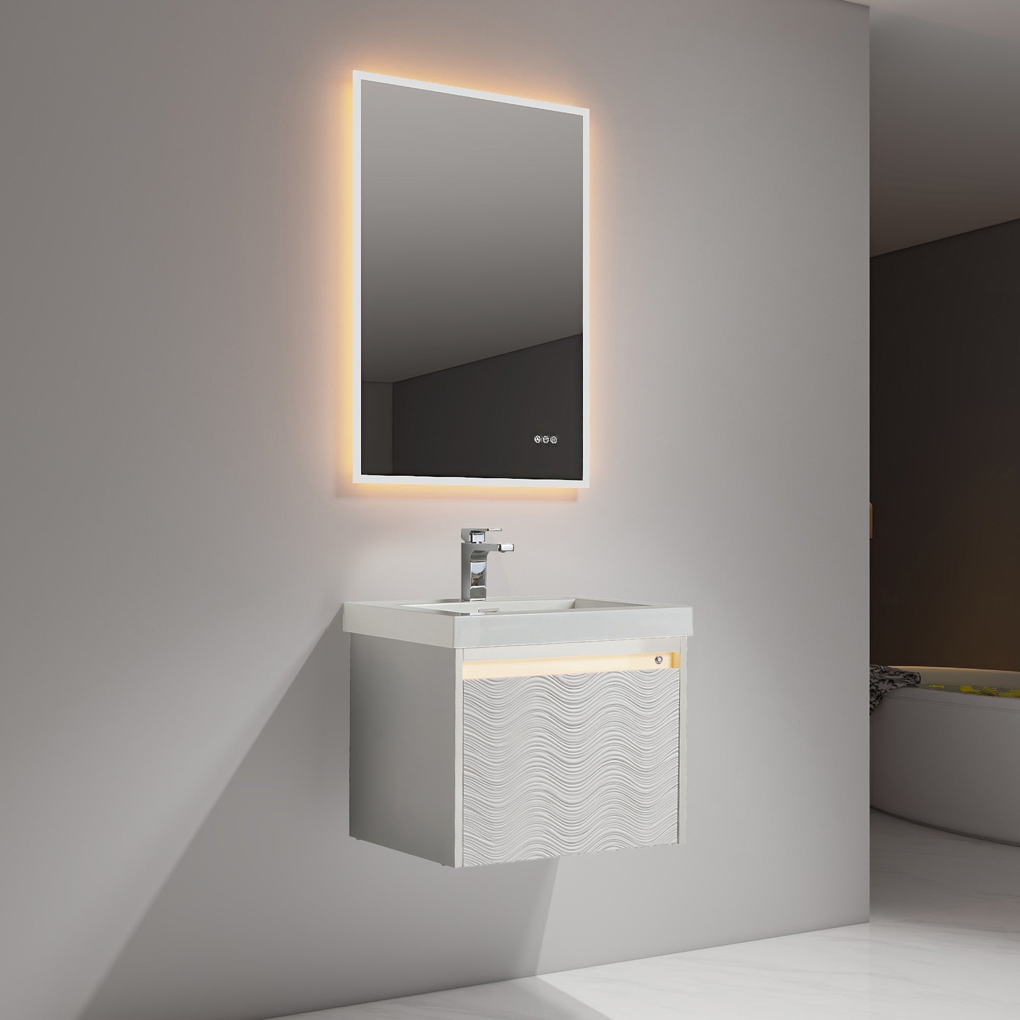 Wall-Hung Bathroom Vanity with Acrylic Sink, LED Mirror