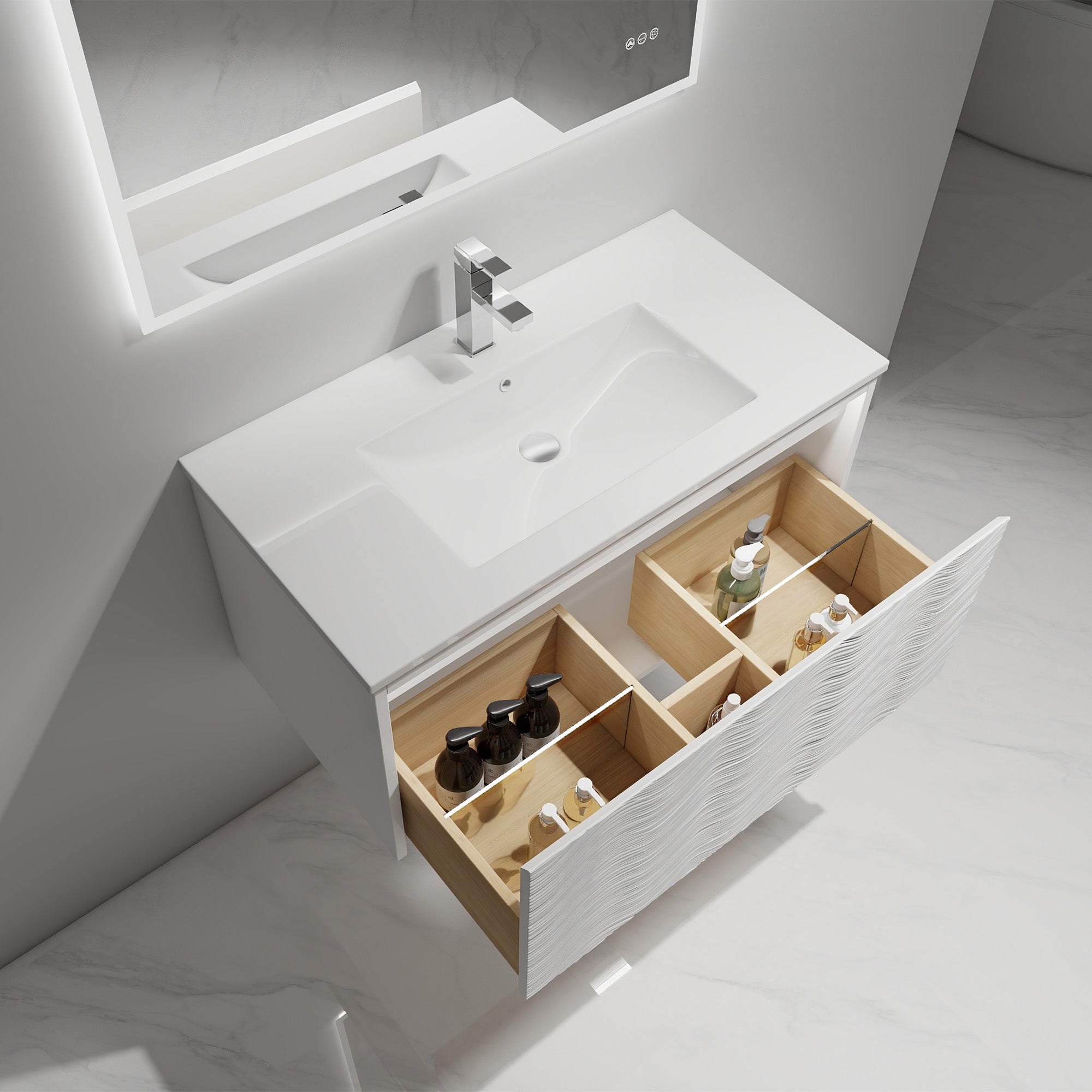 Wall-Hung Bathroom Vanity with Acrylic Sink, LED Mirror