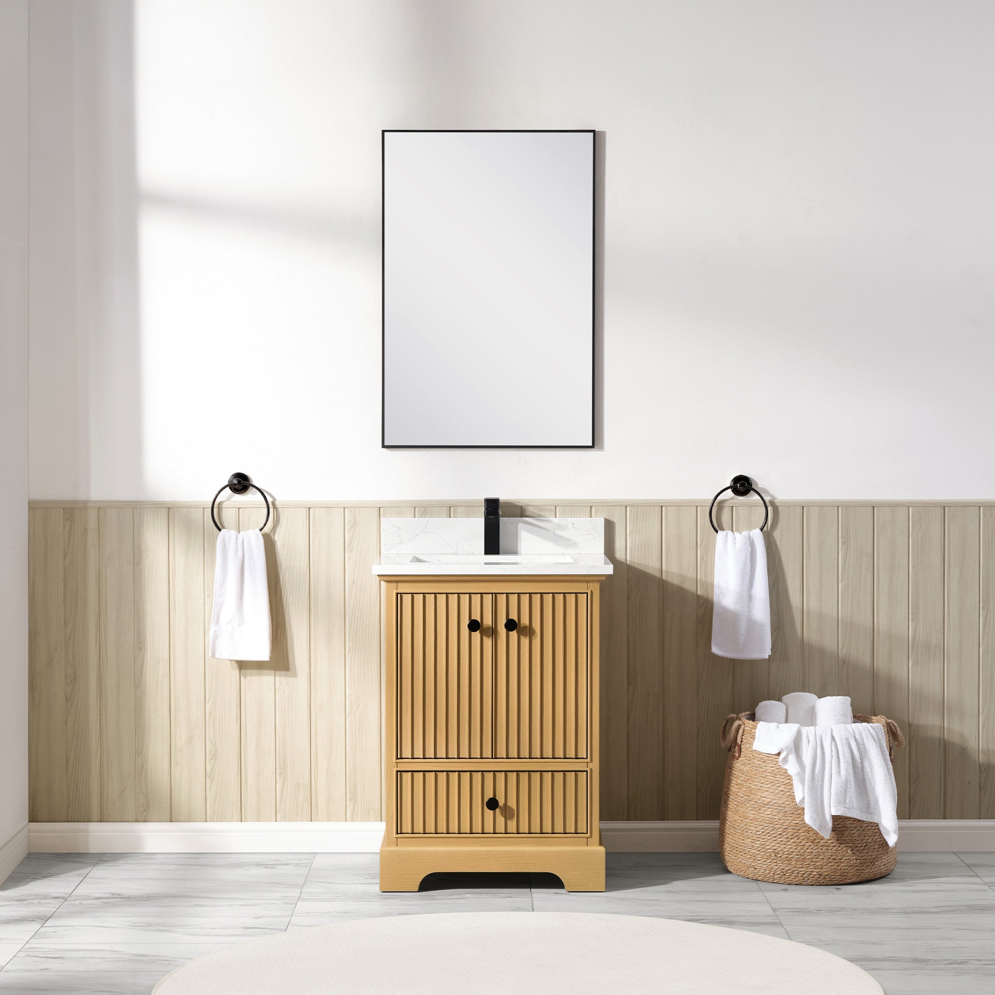 Vertical Slat Natural Wood Veneer Vanity | Artificial Stone or
