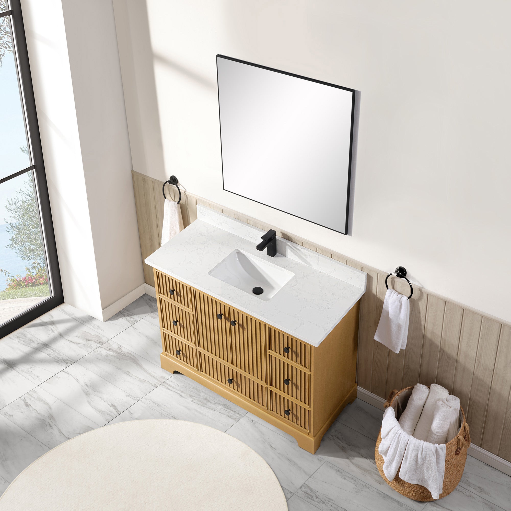 Vertical Slat Natural Wood Veneer Vanity | Artificial Stone or