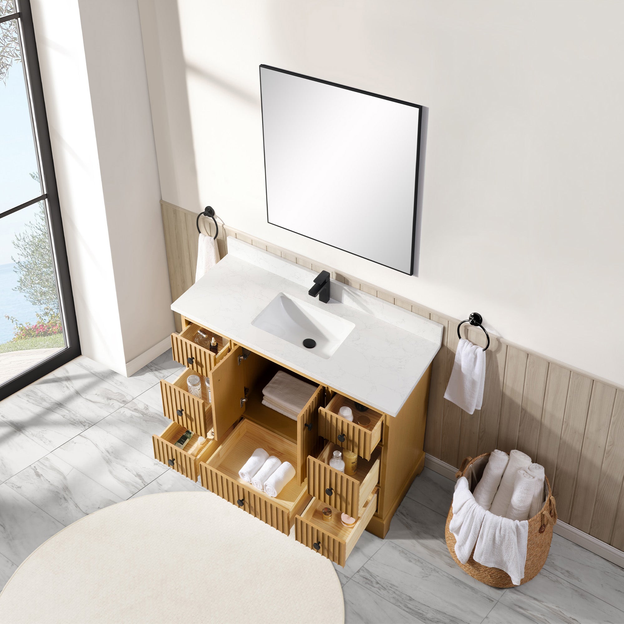 Vertical Slat Natural Wood Veneer Vanity | Artificial Stone or