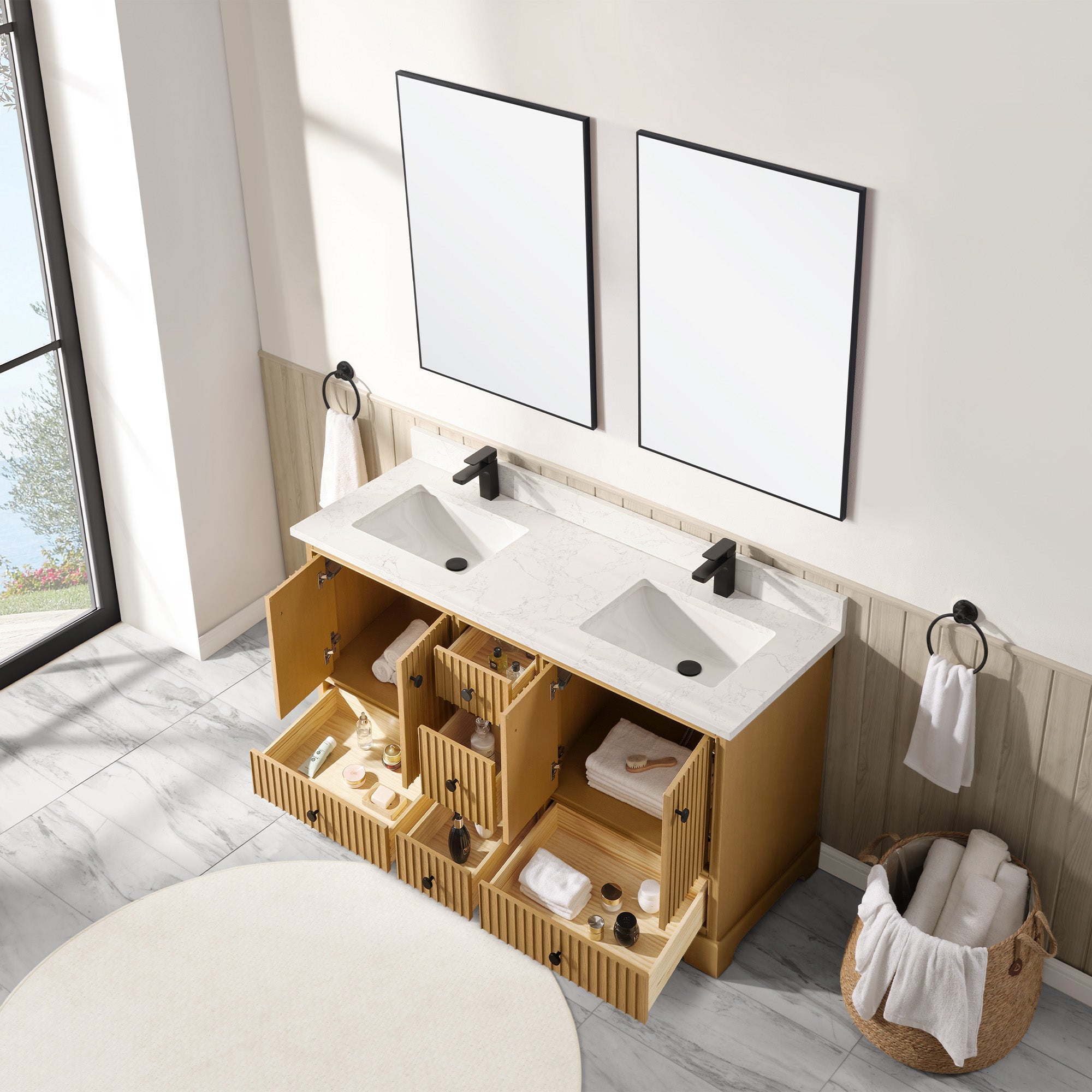 Vertical Slat Natural Wood Veneer Vanity | Artificial Stone or