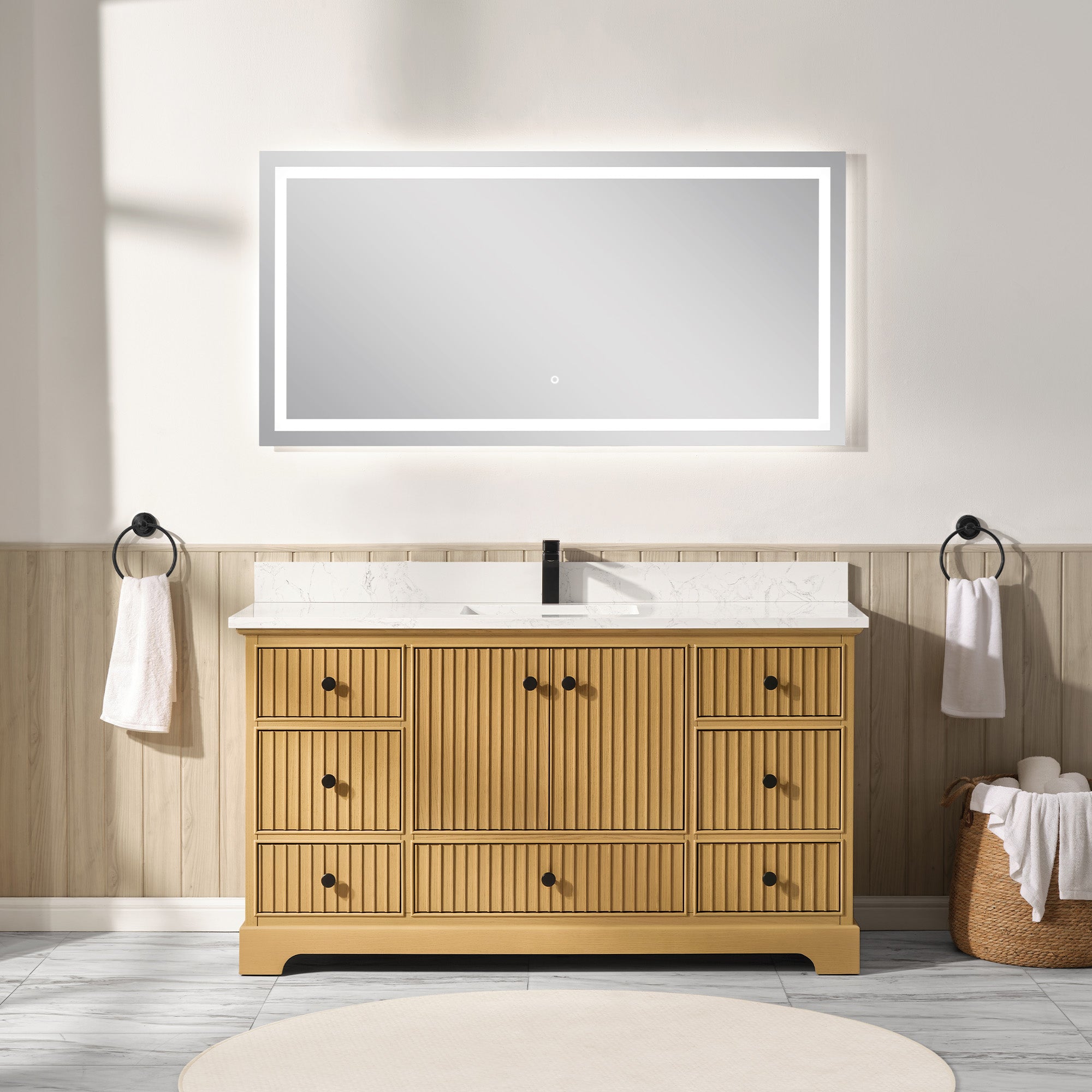 Vertical Slat Natural Wood Veneer Vanity | Artificial Stone or