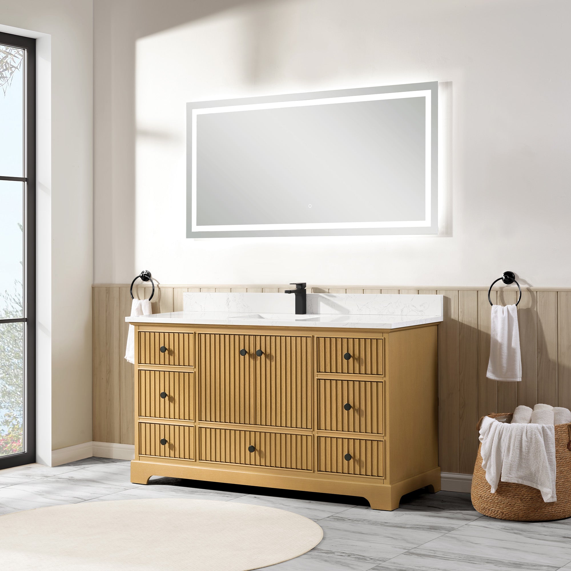 Vertical Slat Natural Wood Veneer Vanity | Artificial Stone or