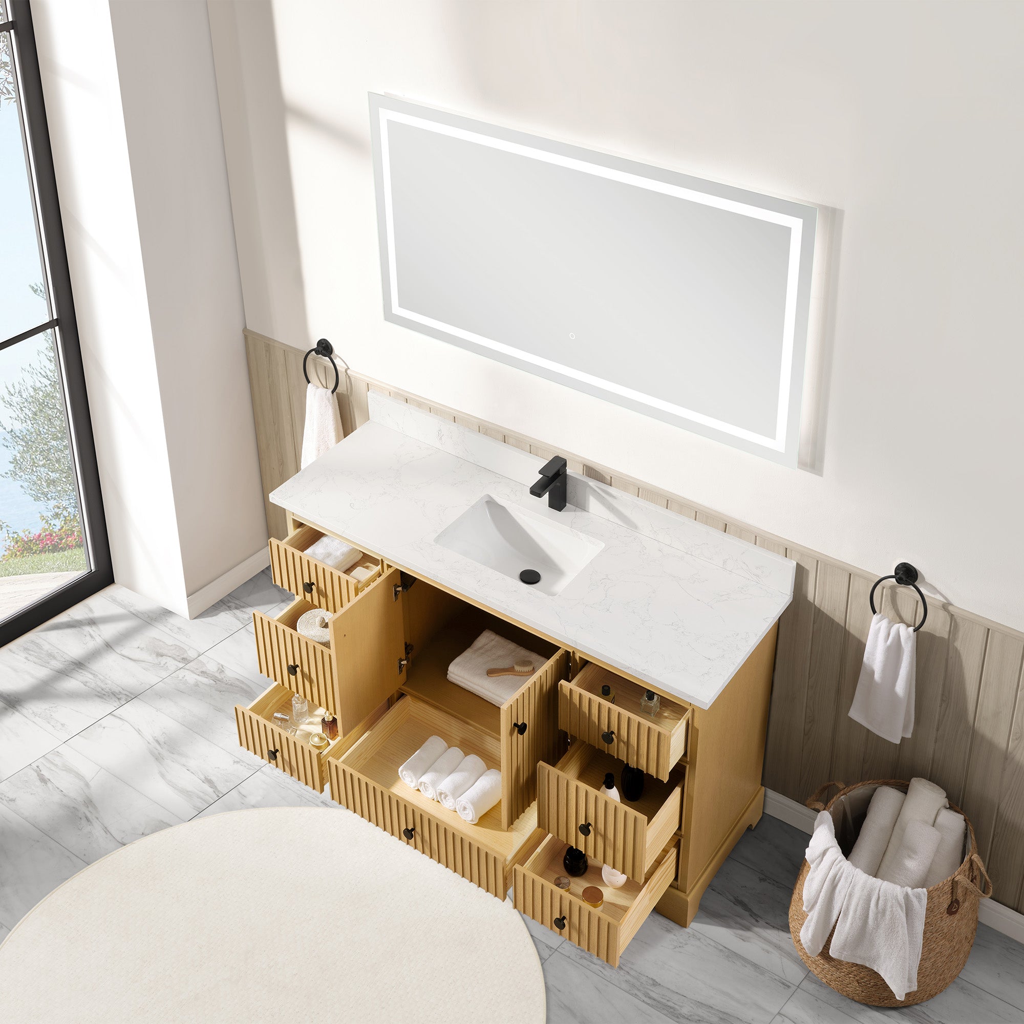 Vertical Slat Natural Wood Veneer Vanity | Artificial Stone or