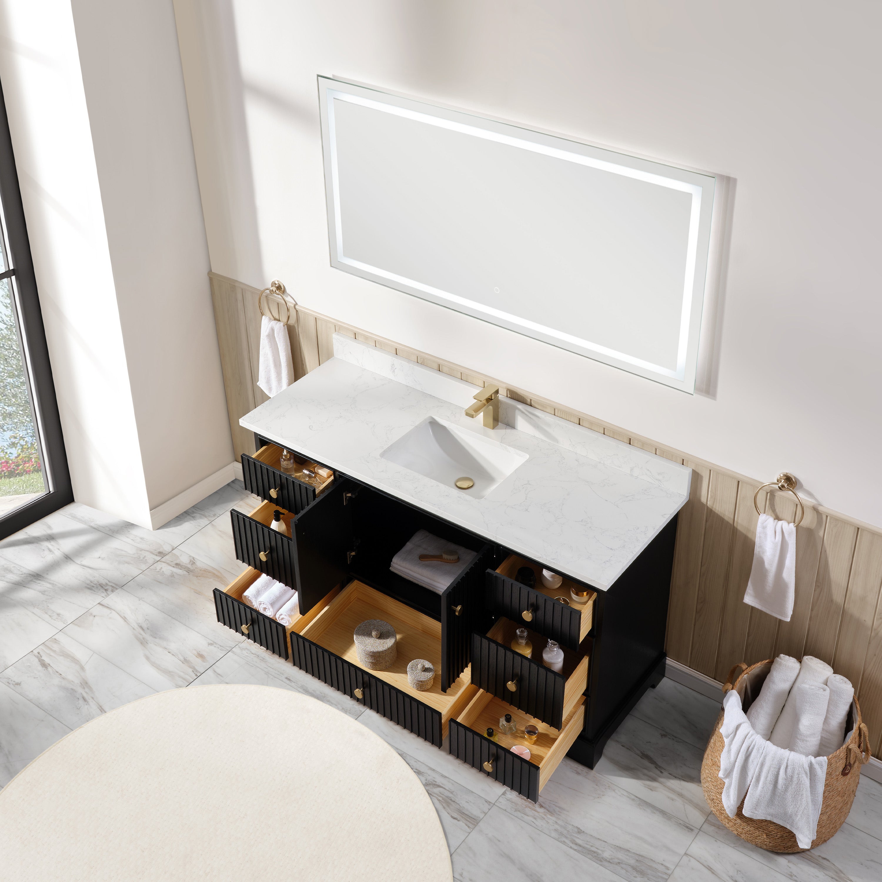 Vertical Slat Natural Wood Veneer Vanity | Artificial Stone or