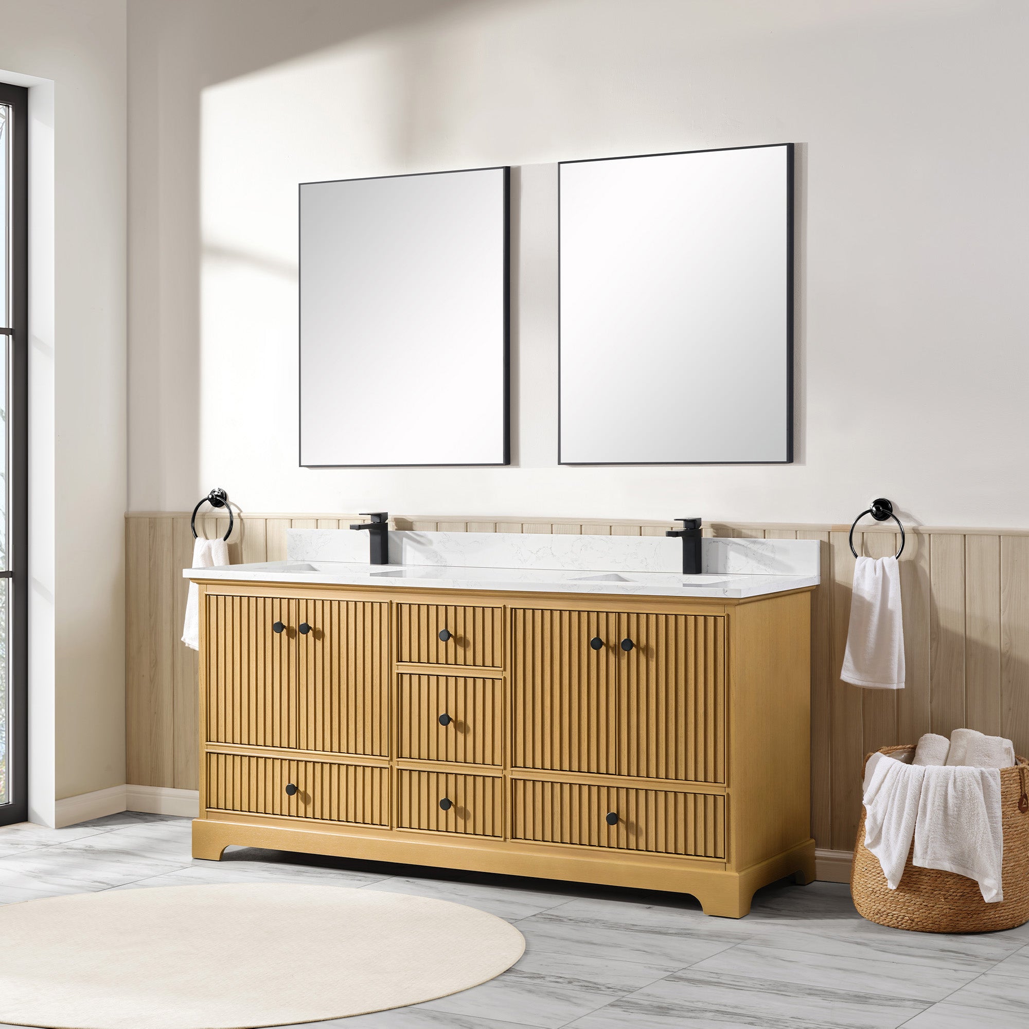 Vertical Slat Natural Wood Veneer Vanity | Artificial Stone or
