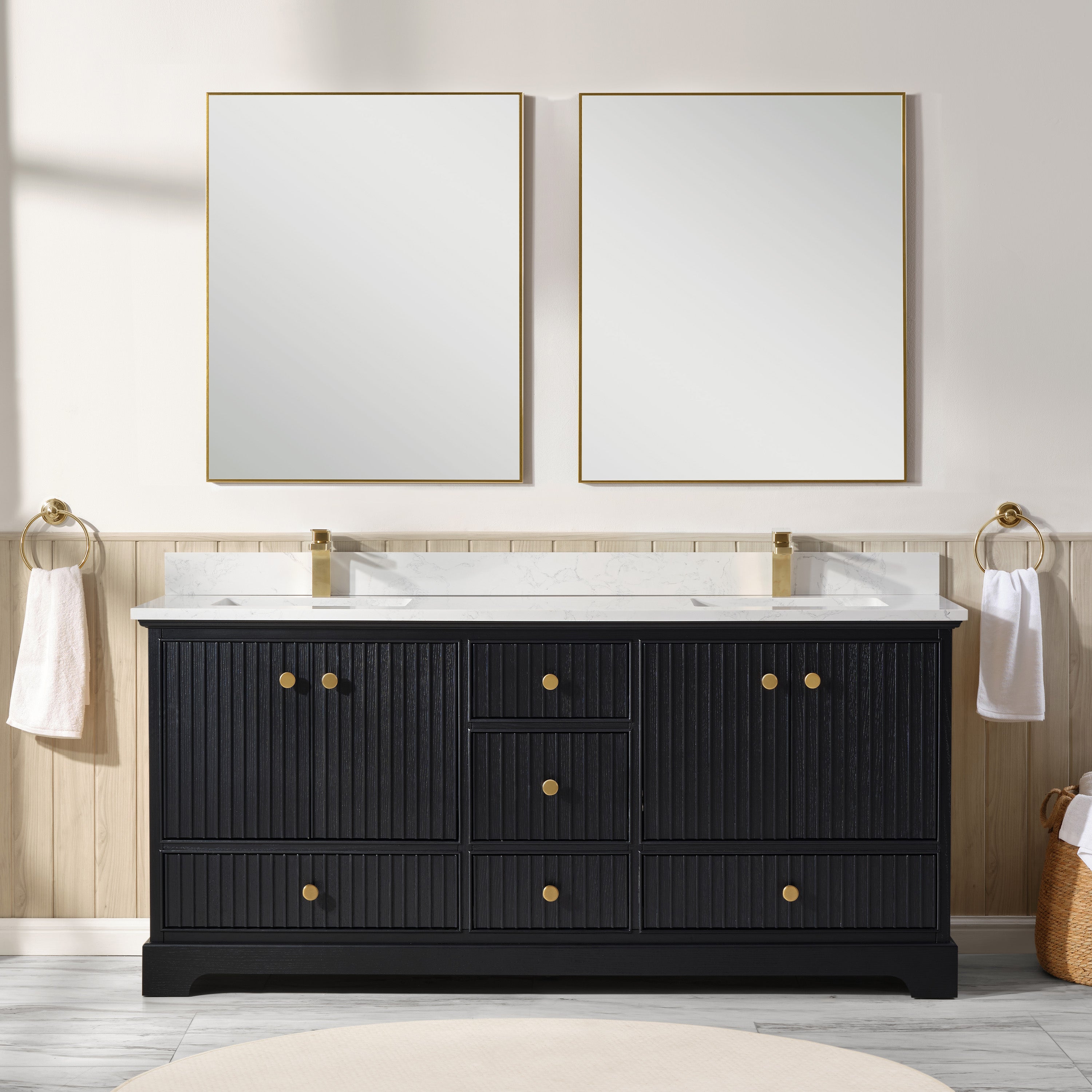 Vertical Slat Natural Wood Veneer Vanity | Artificial Stone or