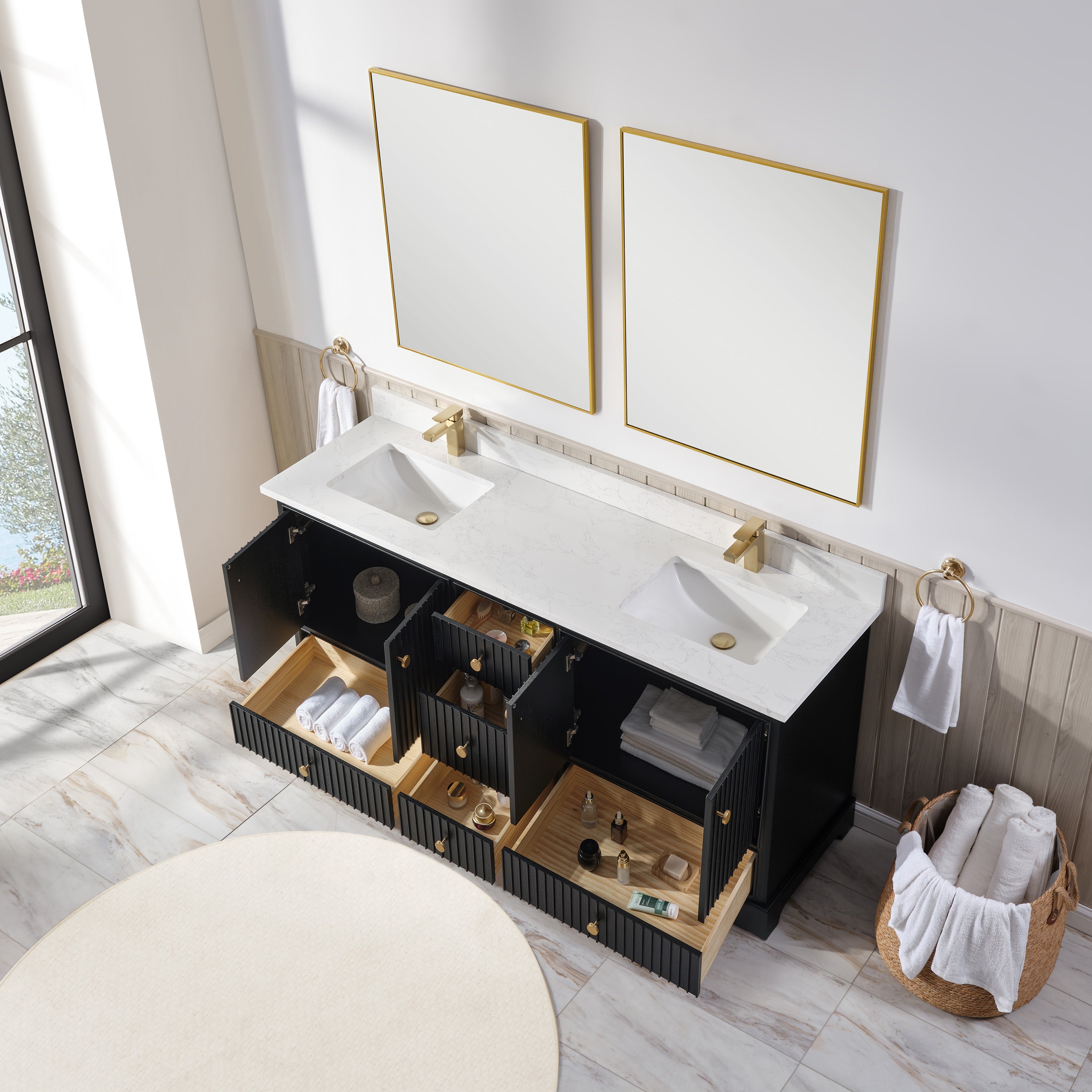 Vertical Slat Natural Wood Veneer Vanity | Artificial Stone or