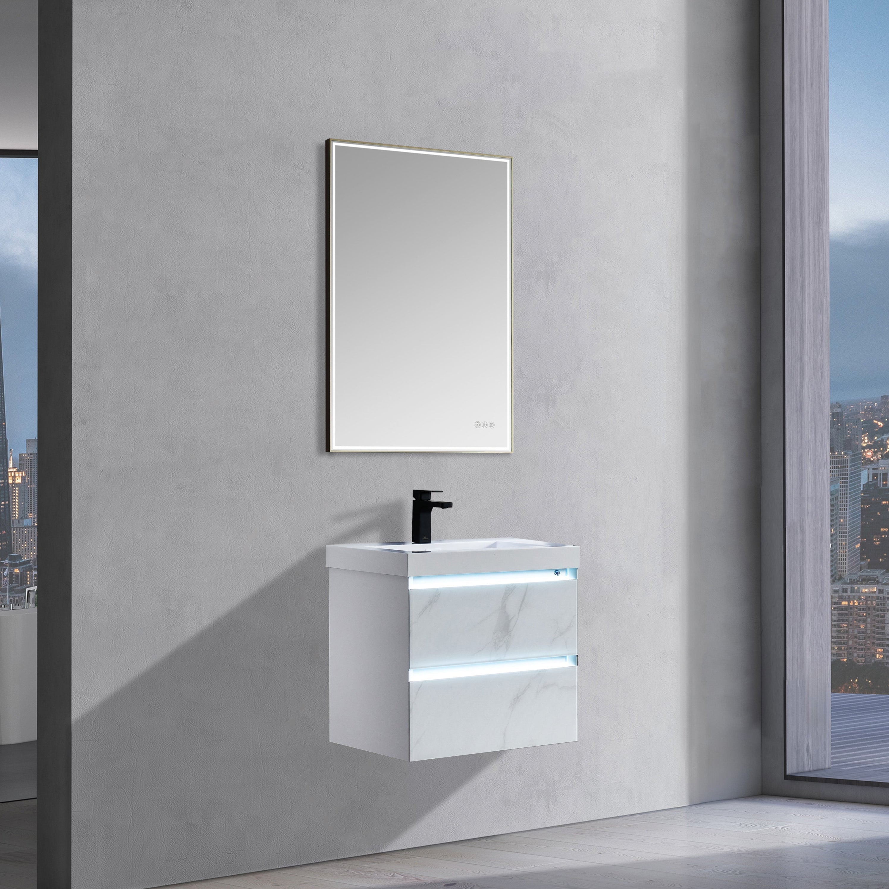 Timeless Bathroom Vanity with Calacatta or Grey Glass Surface, LED