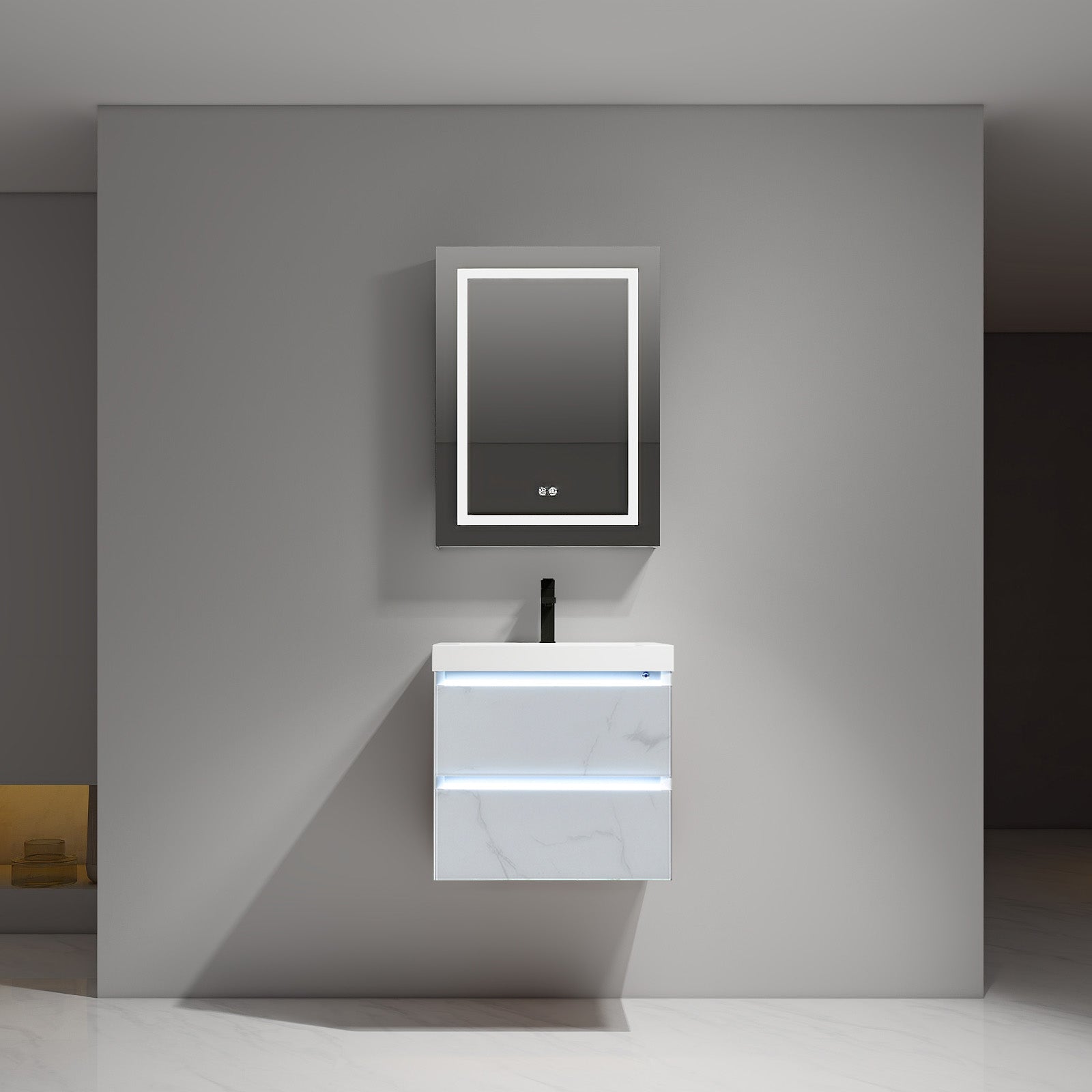 Timeless Bathroom Vanity with Calacatta or Grey Glass Surface, LED