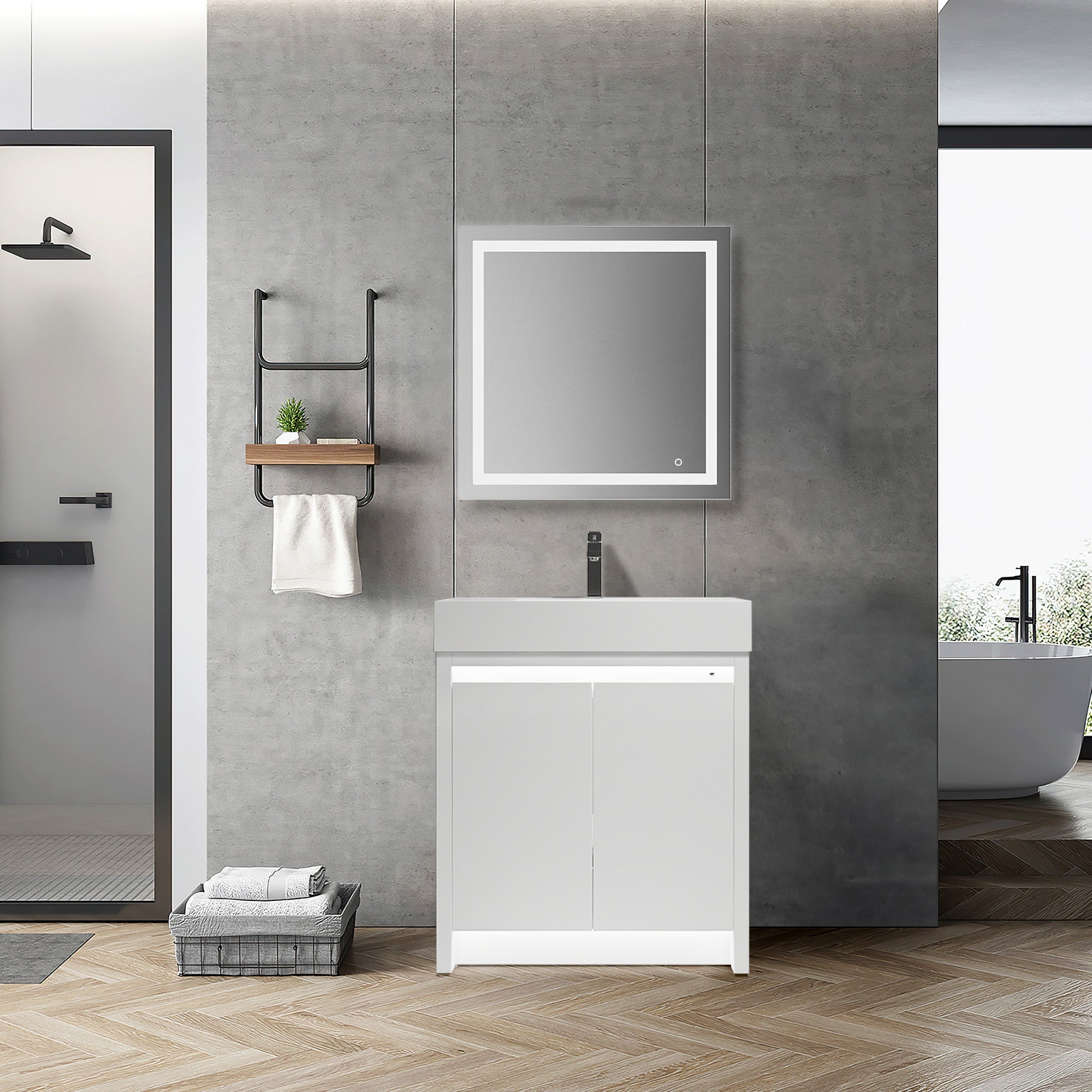【vani】キャビネット Handle-Free Vanity with Dual LED (Front + Toe Kick) | Transitional