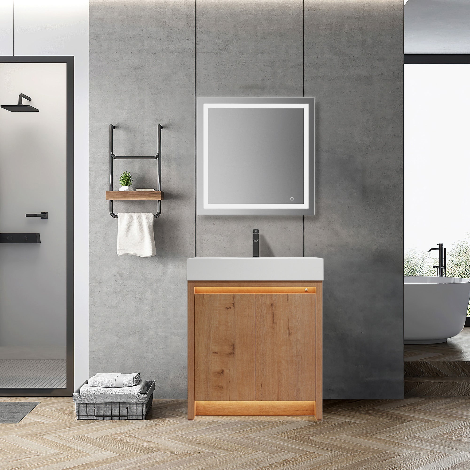 Handle-Free Vanity with Dual LED (Front + Toe Kick) | Transitional