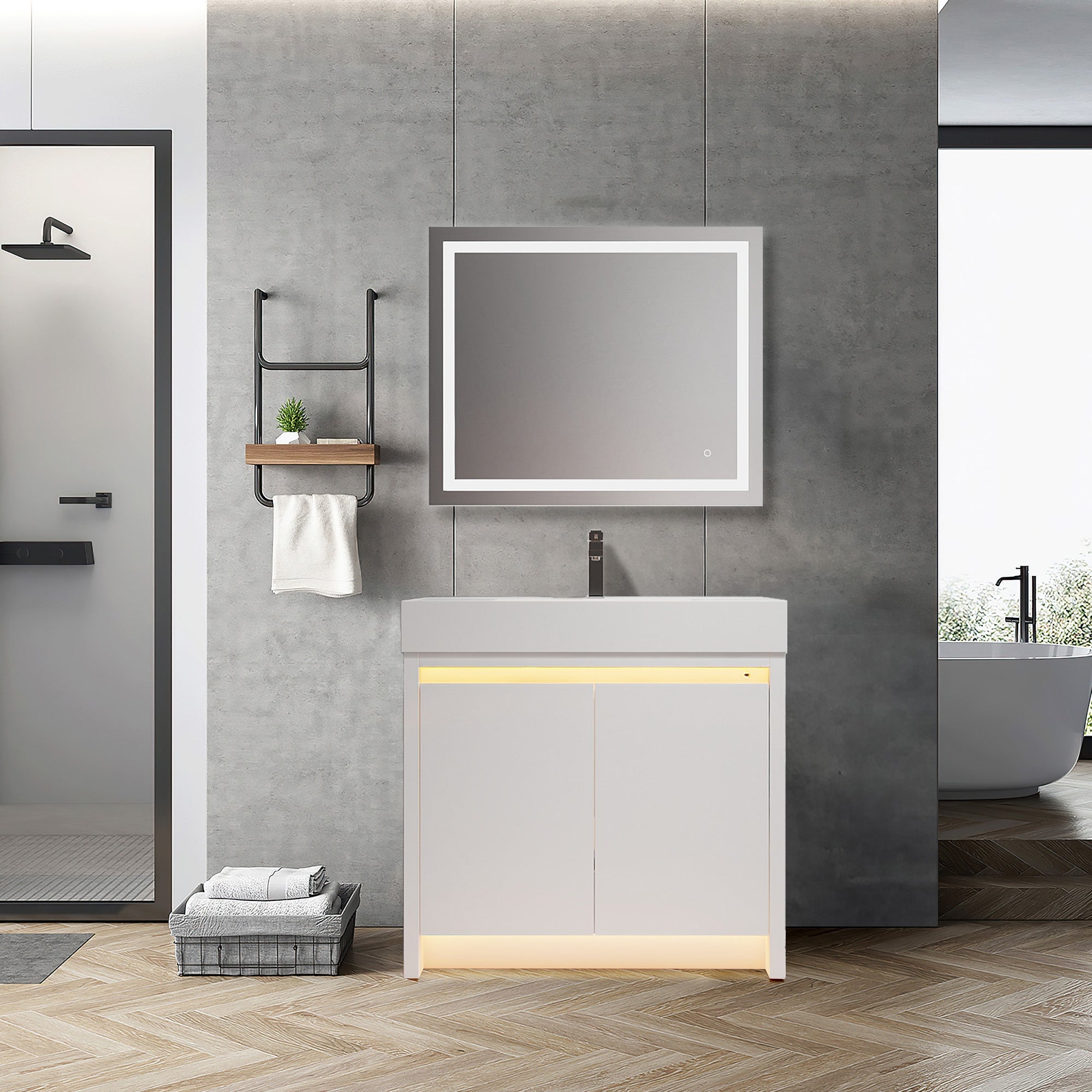 Handle-Free Vanity with Dual LED (Front + Toe Kick) | Transitional