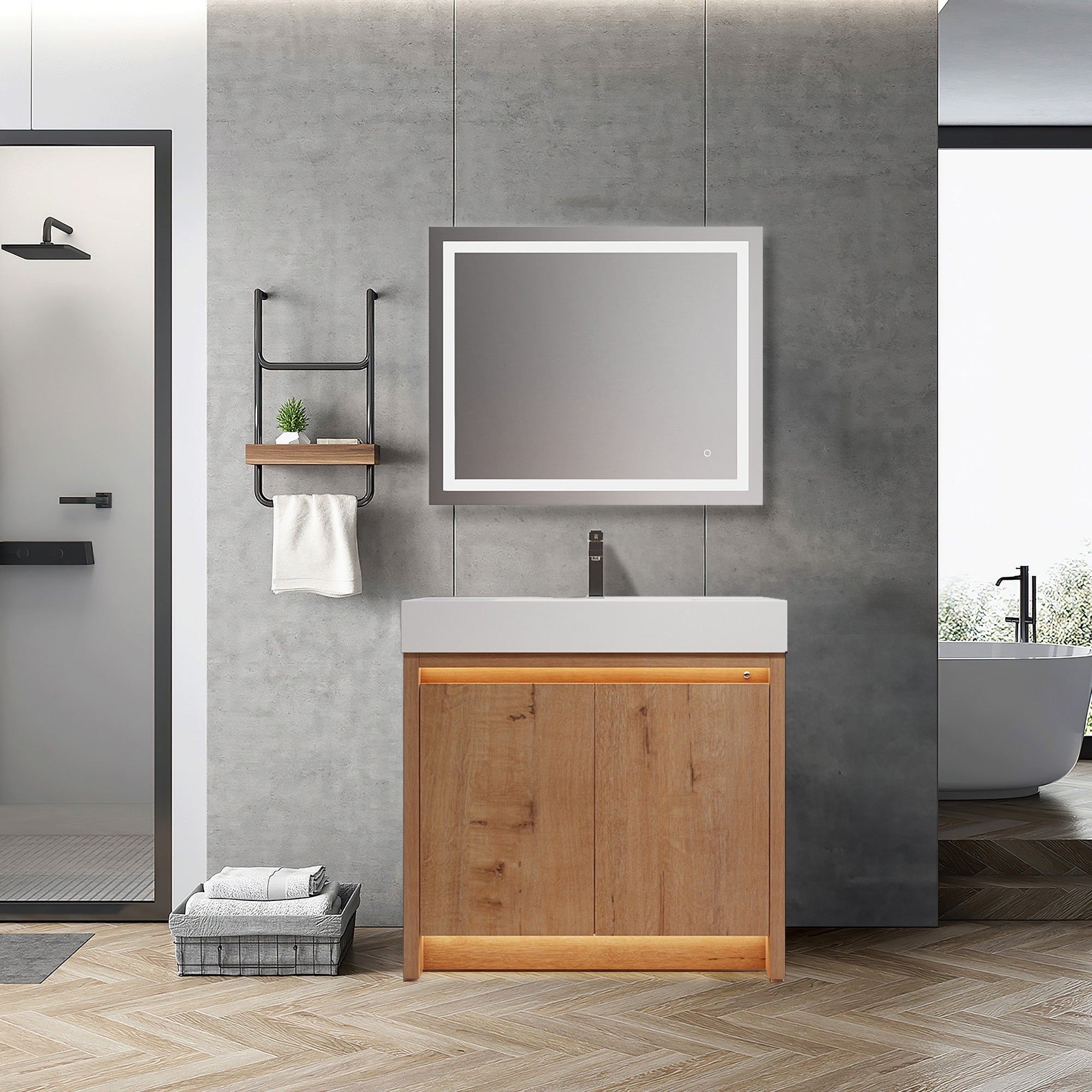 Handle-Free Vanity with Dual LED (Front + Toe Kick) | Transitional